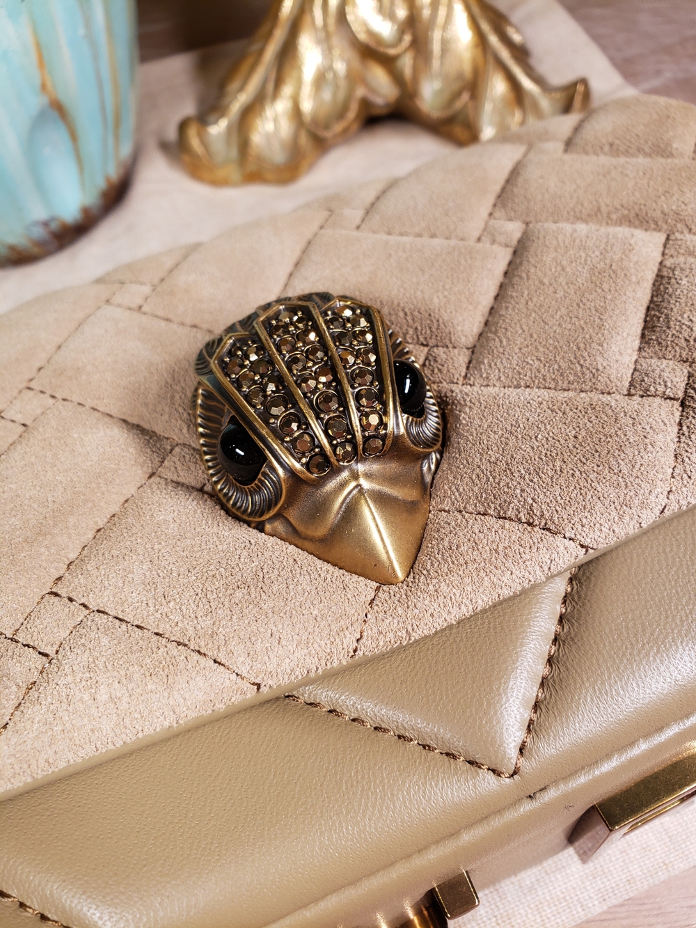 Kurt Geiger Tan Quilted Crossbody Bag w/ Brass Crystal Embellished Eagle NWT! - Picture 7 of 15